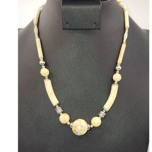 Carved Bone Bead & Silver Bead Necklace 8"